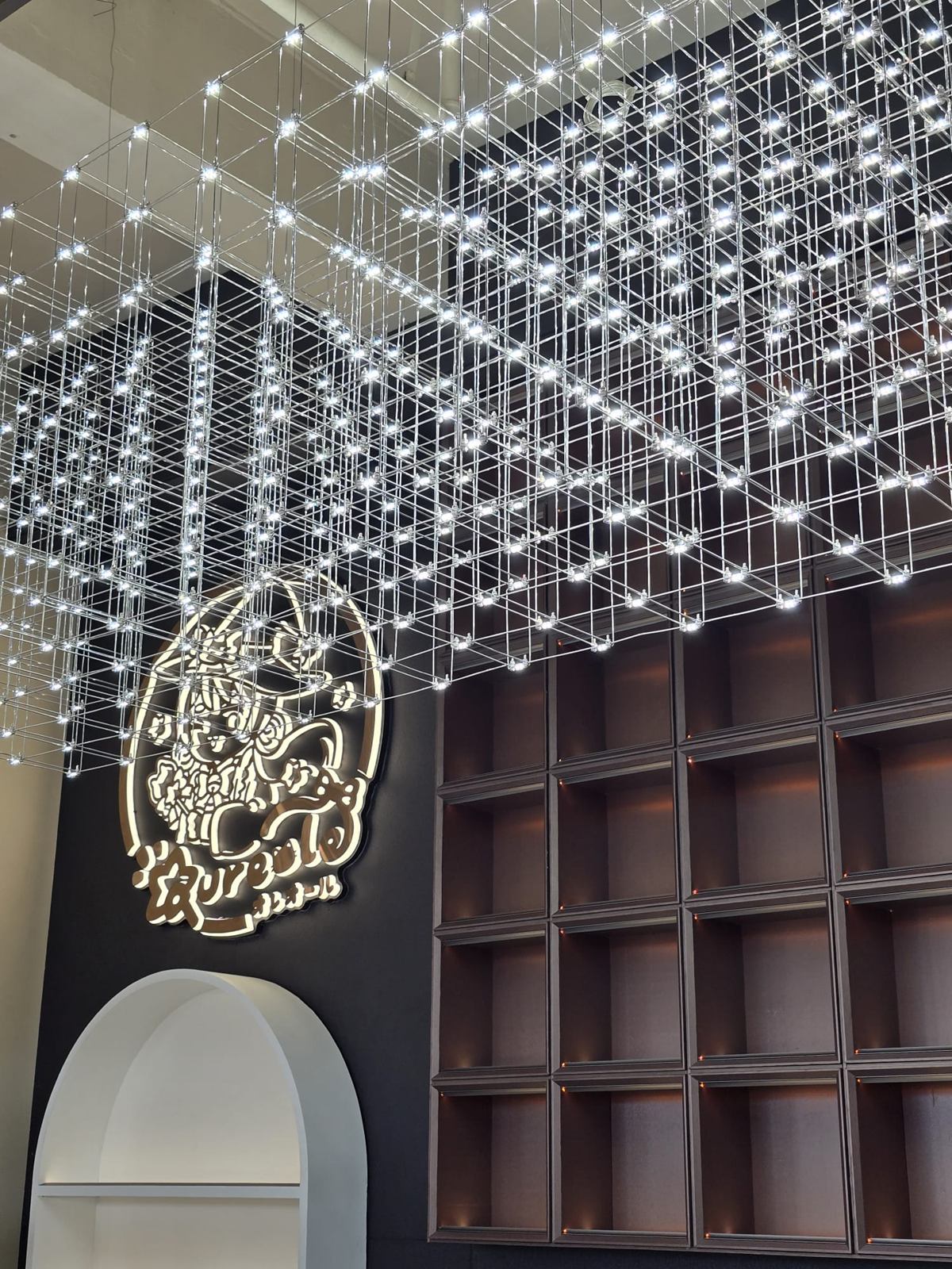 Close view of the suspended wire-grid light installation against a black wall with an illuminated sign and dark timber display cubbies.