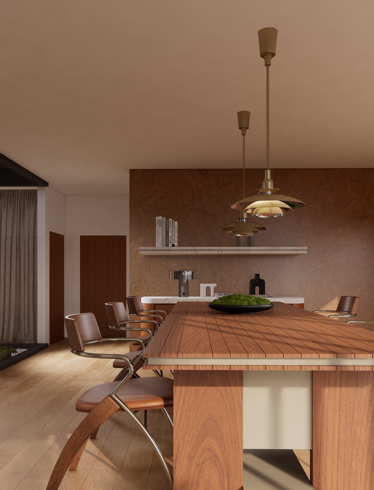 Rendering of a timber dining table with curved chairs under brass pendants, against a warm plaster wall with a shelf.