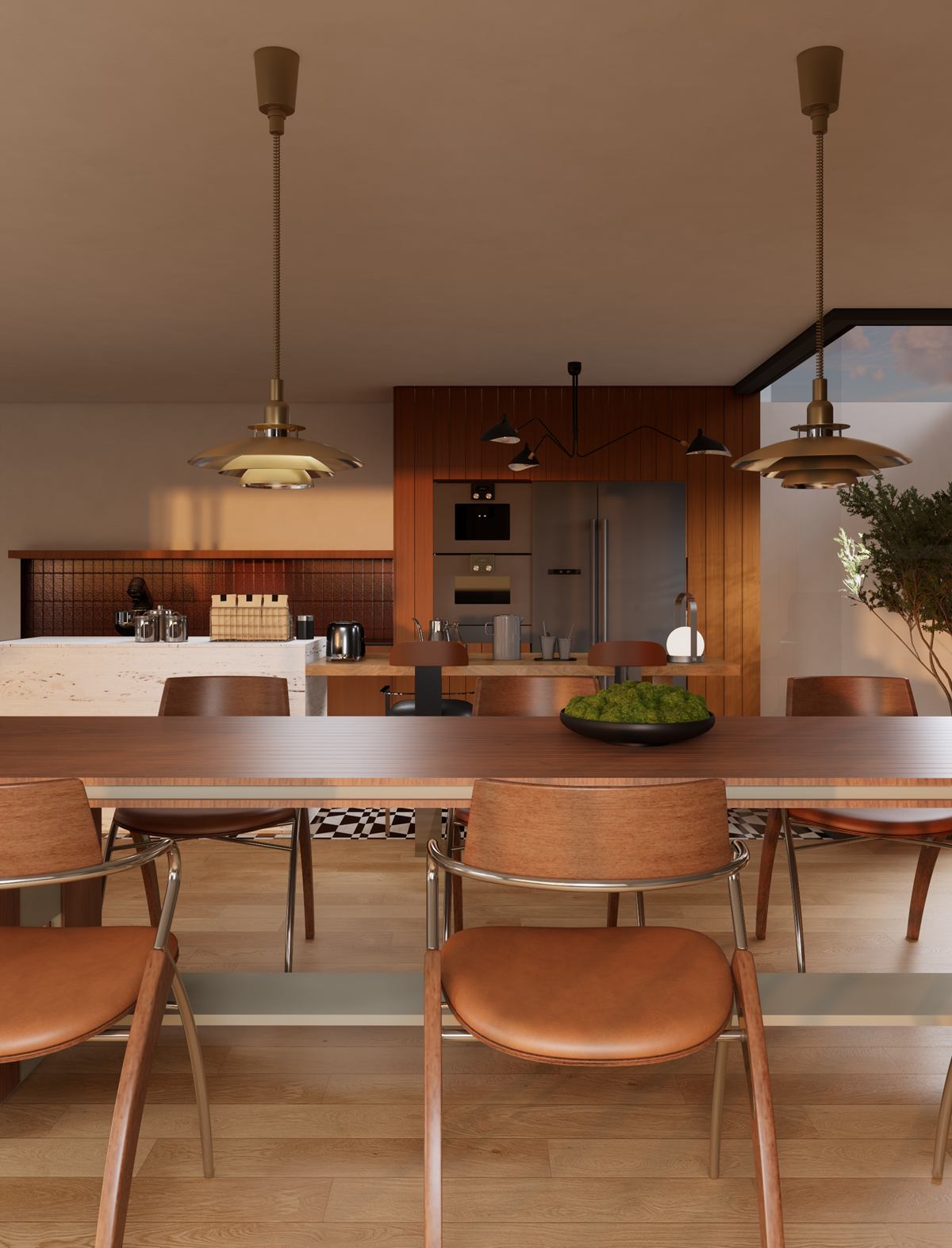 Rendering of a long dining table with leather chairs, looking towards the kitchen and timber wall.
