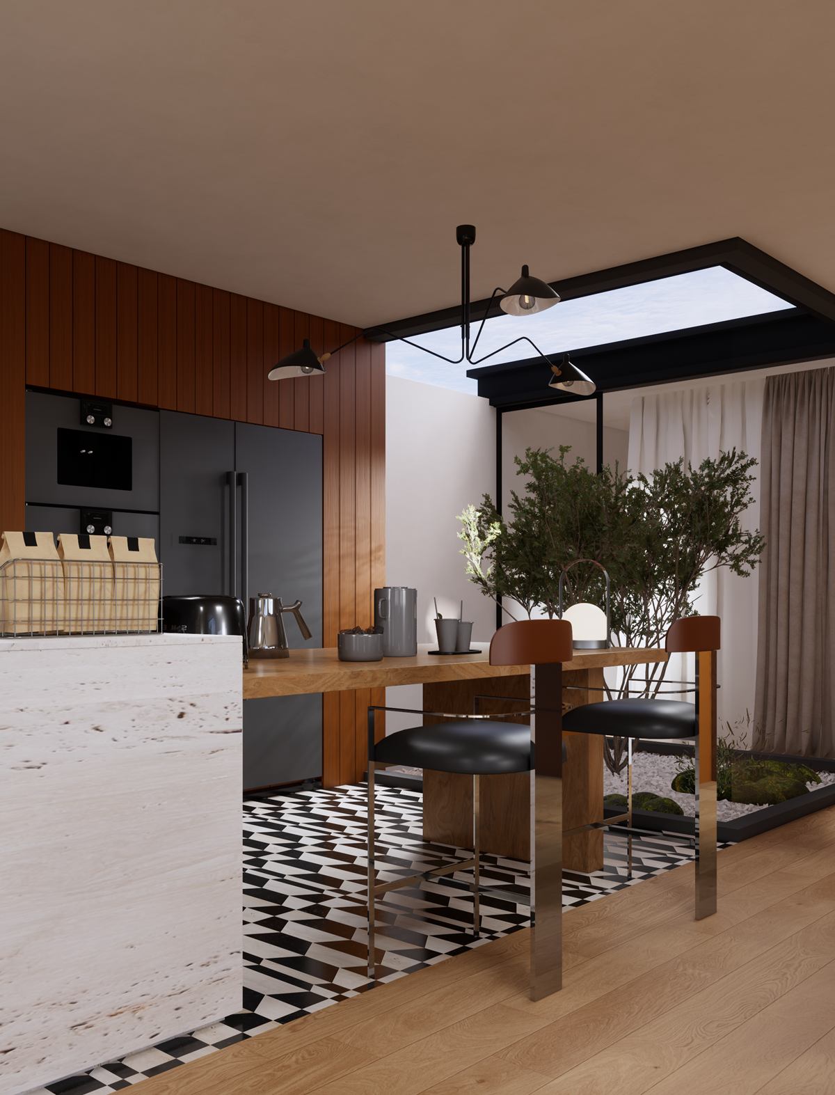 Rendering of a kitchen with a travertine-look island, dark built-in ovens and timber walls, beside a planted courtyard under a skylight.