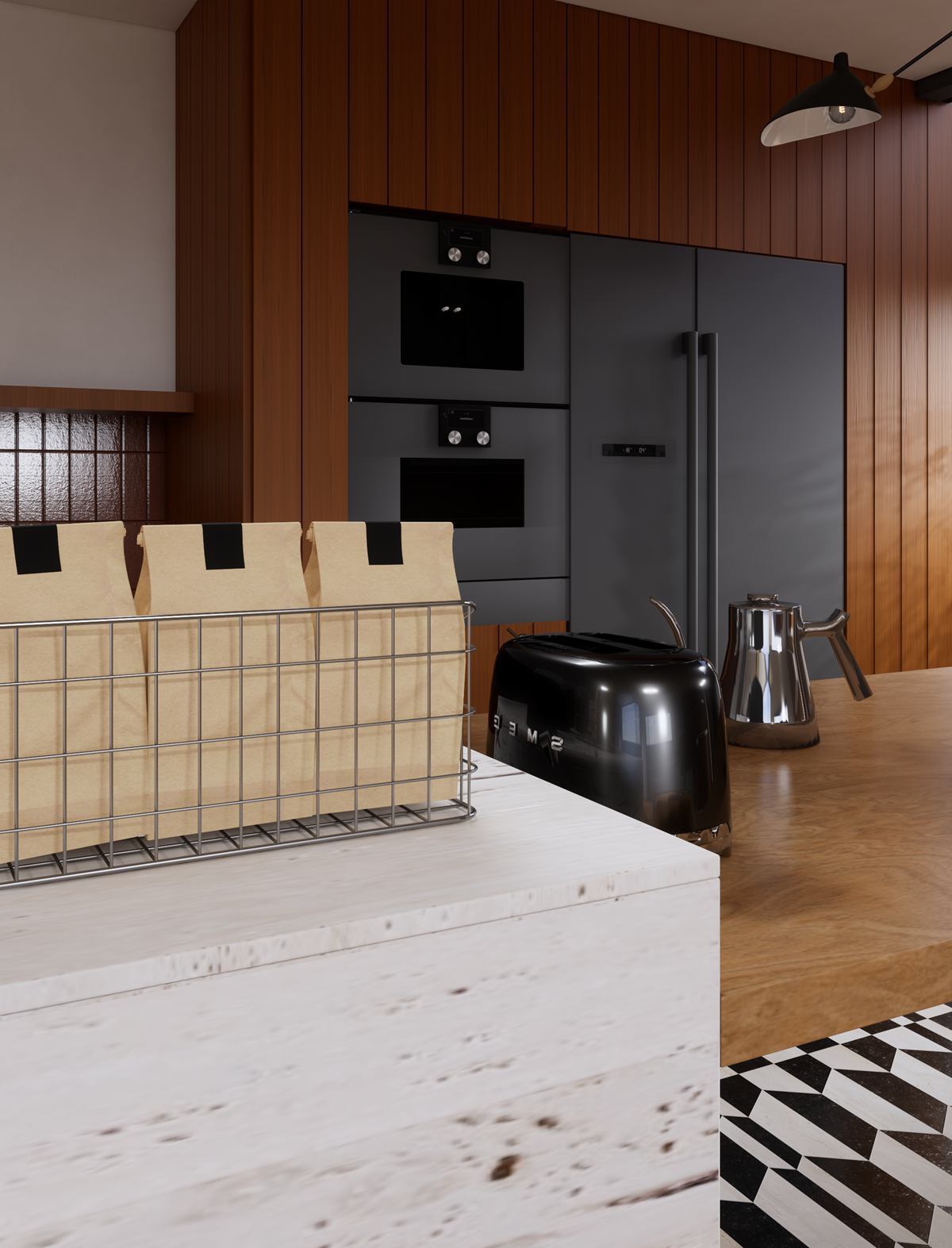Rendering detail of the travertine-look island with a wire basket, a kettle and dark ovens behind.