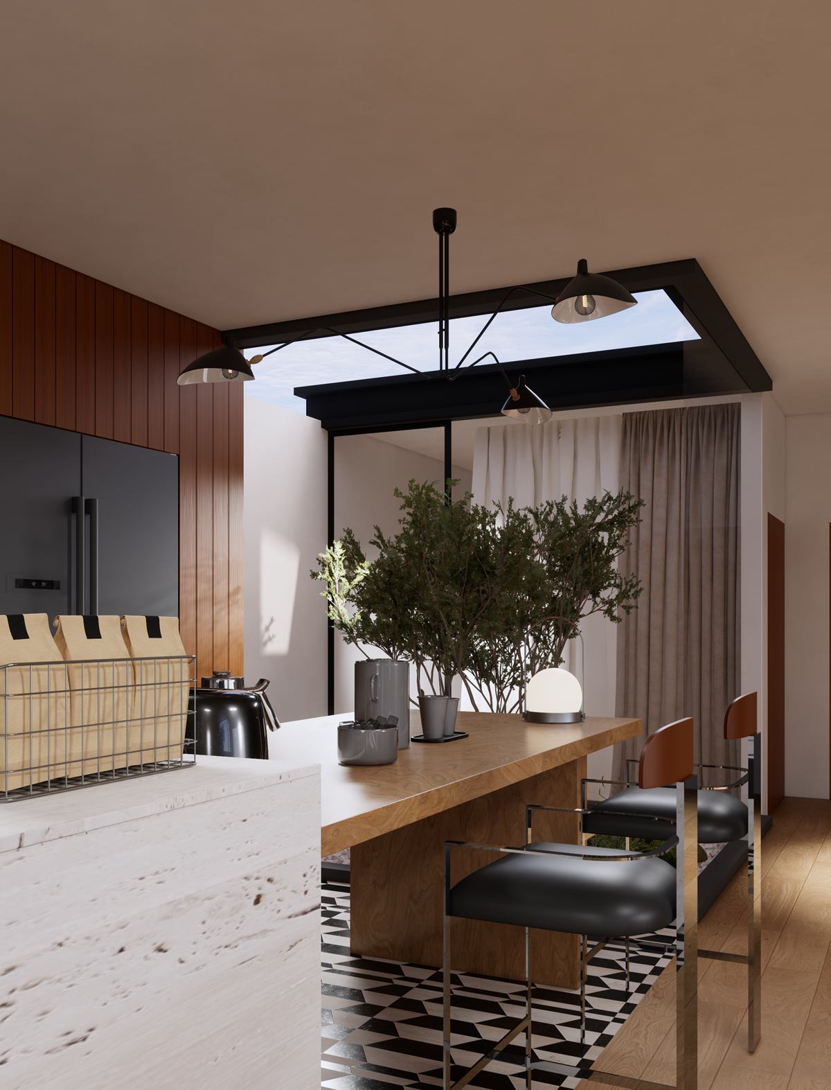 Rendering of a timber dining counter under a skylight, with black chairs and the courtyard tree behind.