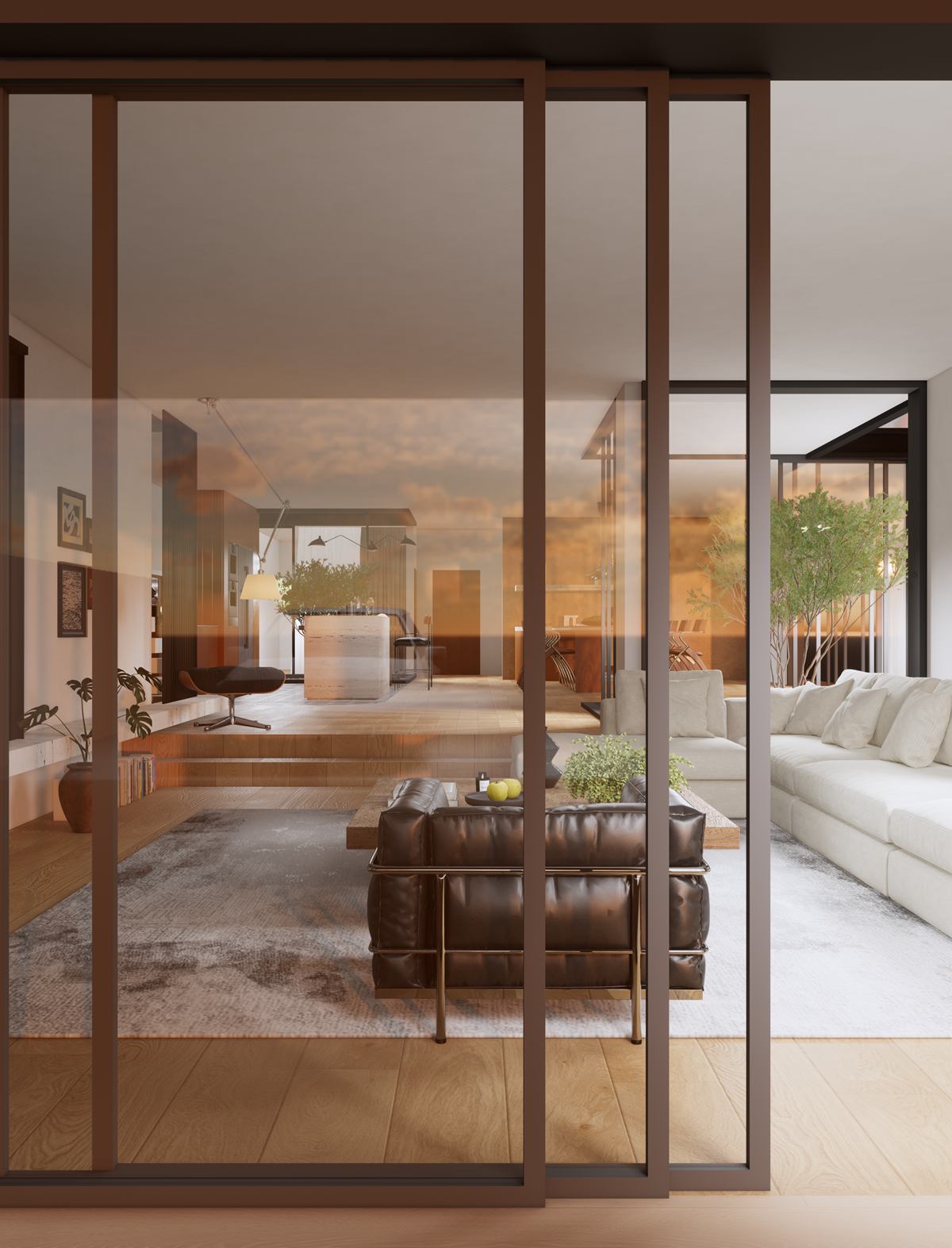 Rendering of the living room seen through tall timber-framed glass doors, with a leather sofa and a planted courtyard beyond.