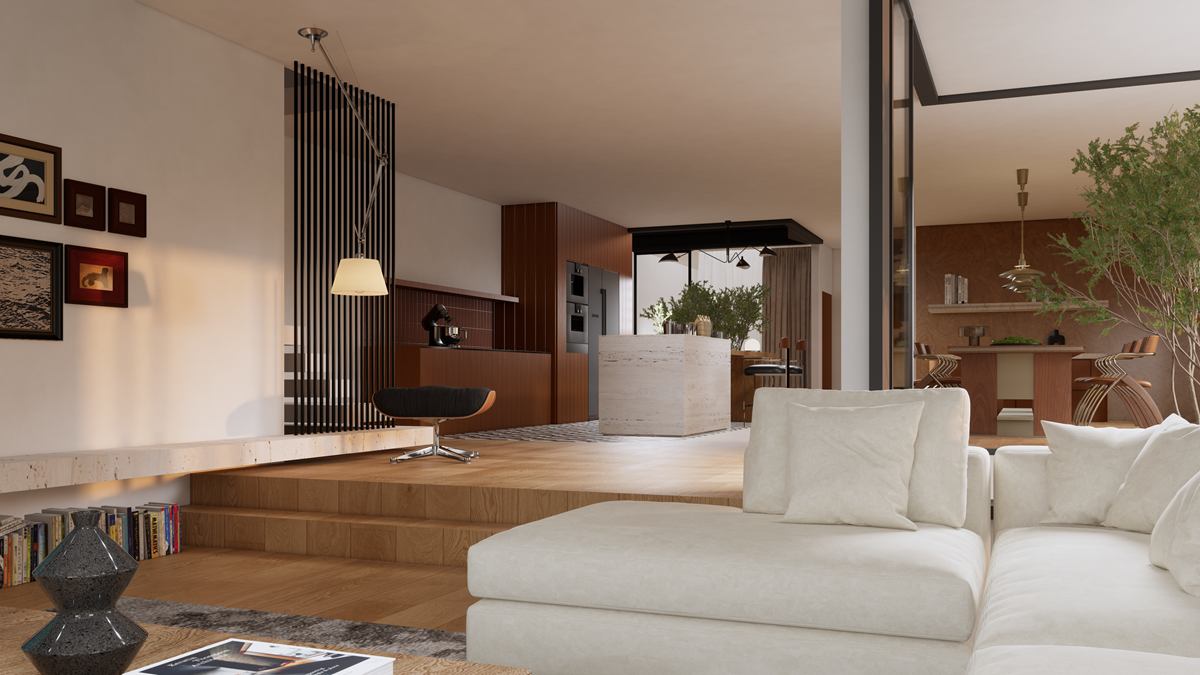 Rendering of the living room with a large white sofa, a raised timber platform and the kitchen beyond.