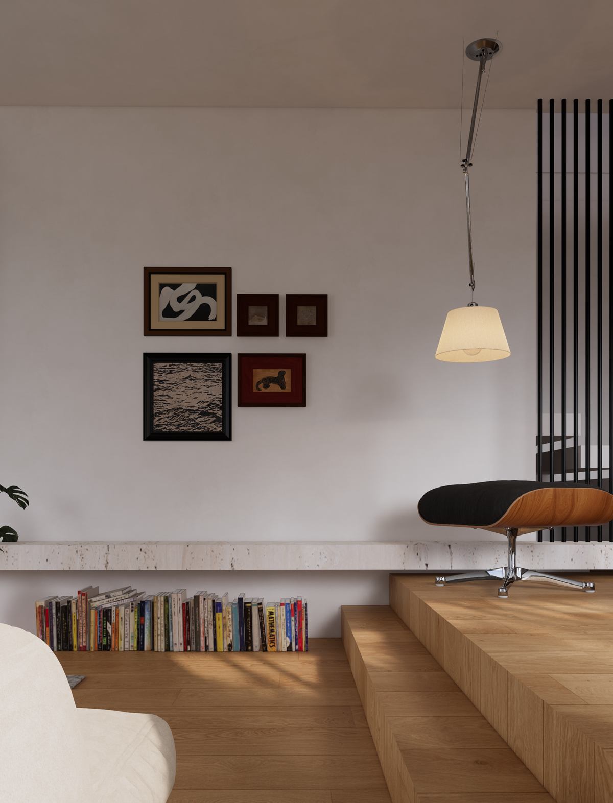 Rendering of timber steps with a low bookshelf, a lounge chair and framed prints on a white wall.