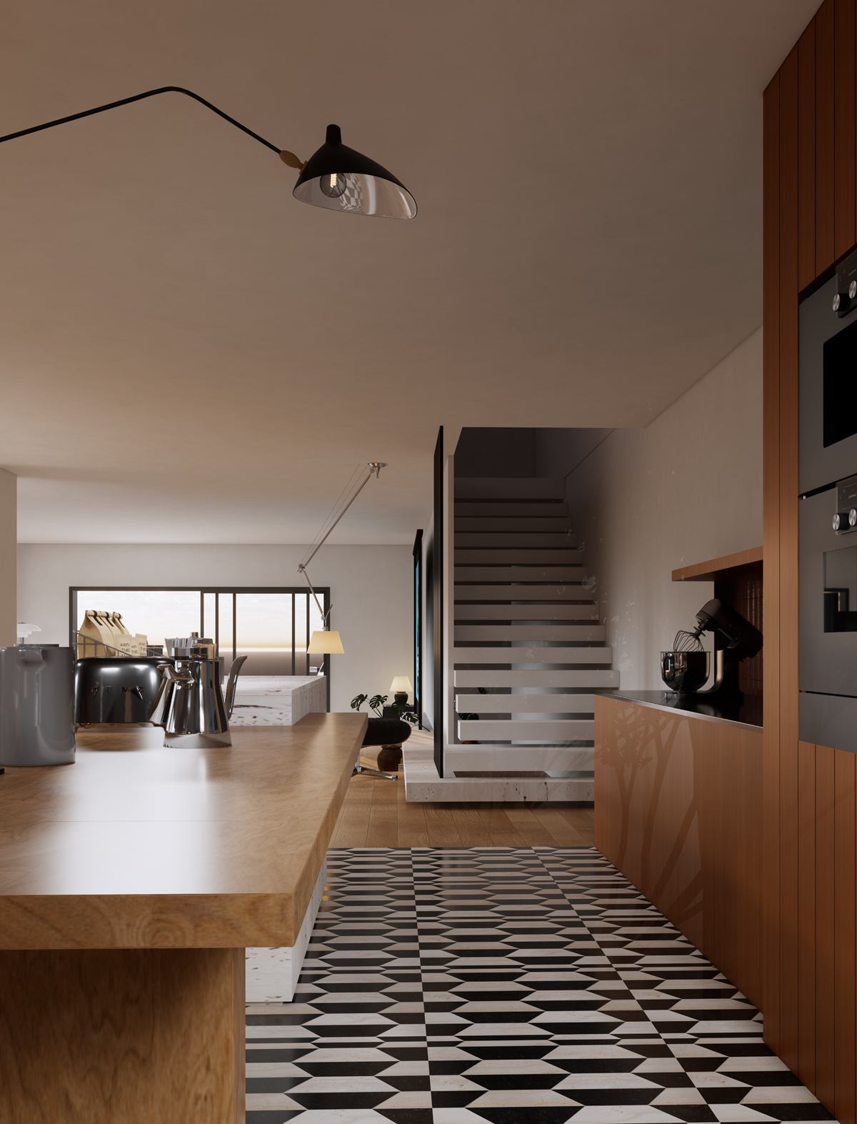 Rendering of a black-and-white patterned floor leading past a timber counter to a white stair.