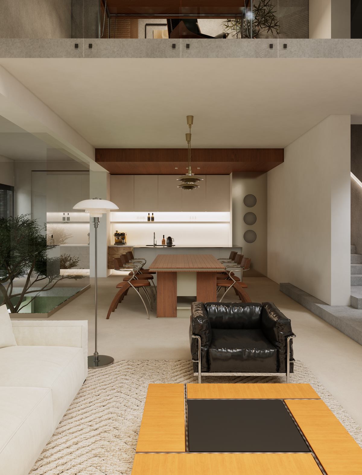 Rendering looking across the living room to the dining table and kitchen under a timber ceiling band.
