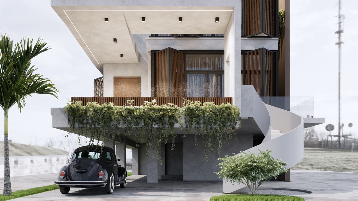 Rendering of the house front: stepped concrete canopies, timber screens, trailing planting on the balcony and a white spiral stair, with a car in the car porch.