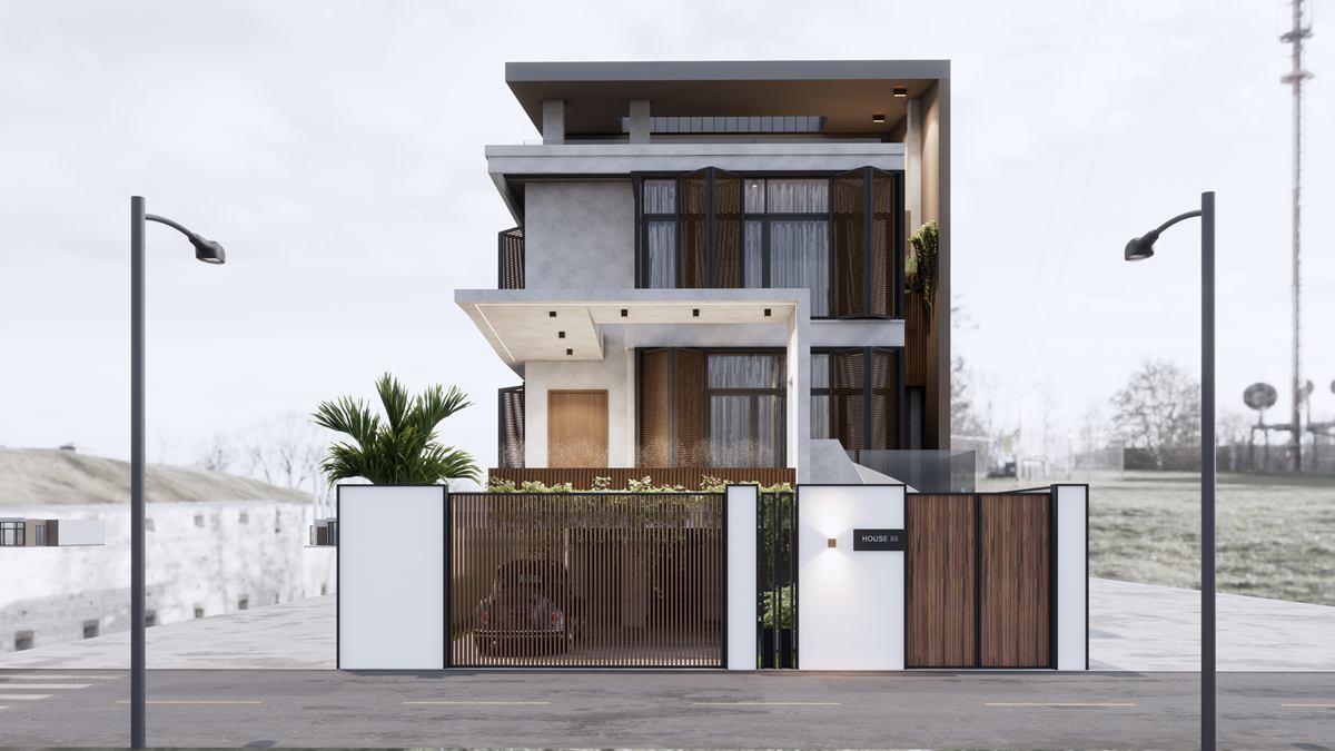 Rendering of the house seen from the street, behind a white front wall with timber gates, between two street lamps.