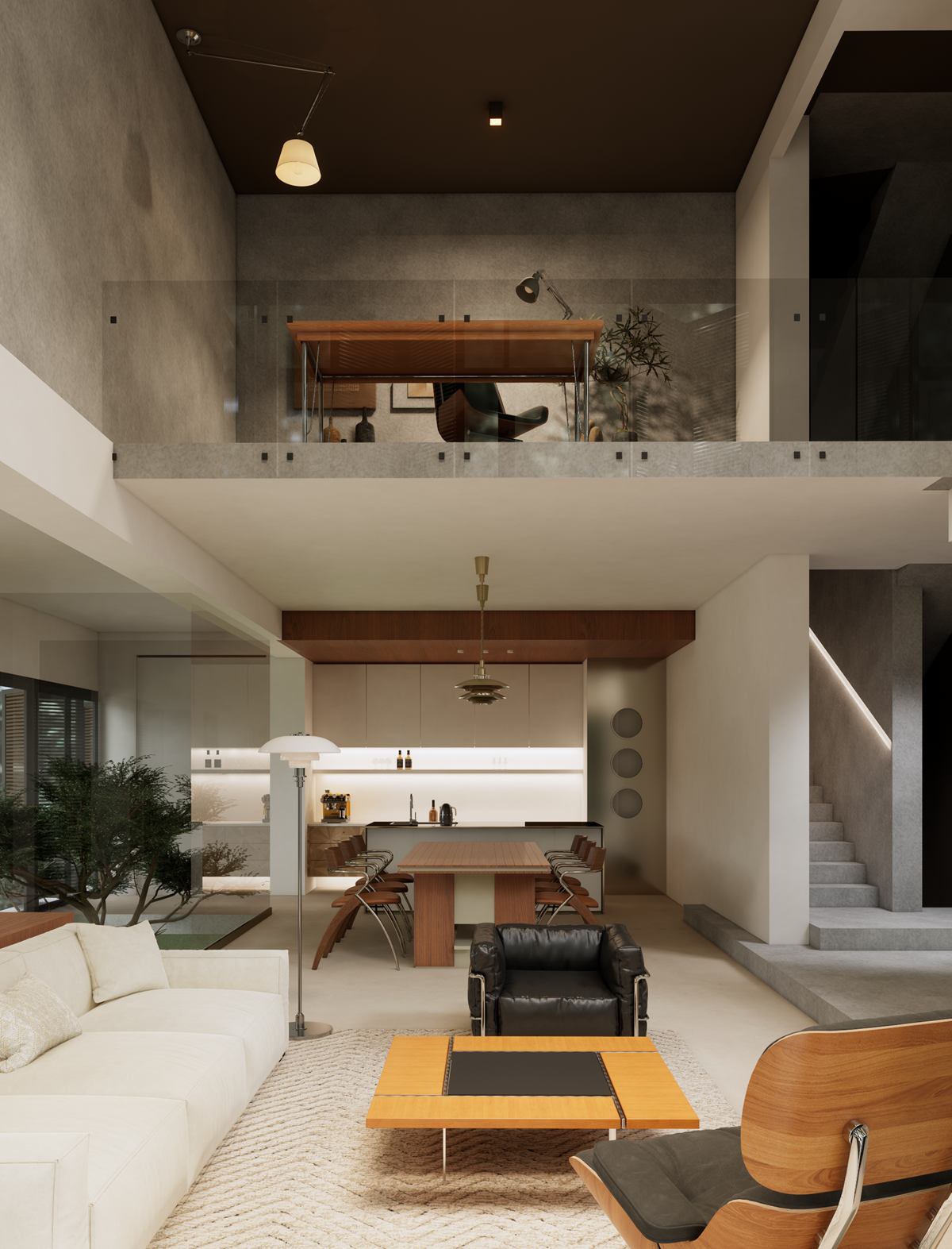 Rendering of the double-height living room with a white sofa and leather armchairs, a mezzanine study with a glass balustrade above, and the kitchen beyond.